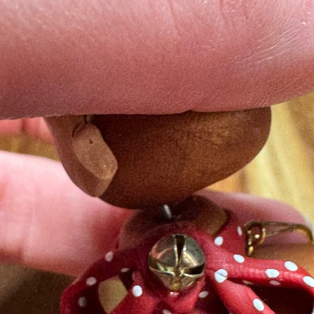 Handmade Clay Reindeer Christmas Ornament Red Nose Polka Dot Bow Jingle Bell 3in